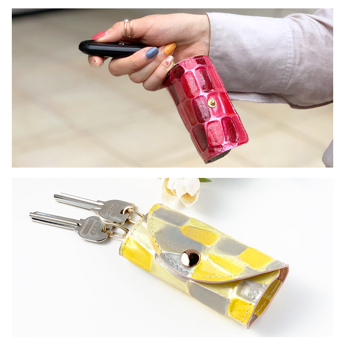 【Leo&Aoi公式ショップ】 2nd ステンドグラス キーケース 4連 本革 レディース スマートキー 三つ折り 牛革 レザー 鍵入れ 鍵 カギ 収納 スリム コンパクト キーホルダー 4連キーケース エナメル加工 日本製 【安心の返品保証付き】