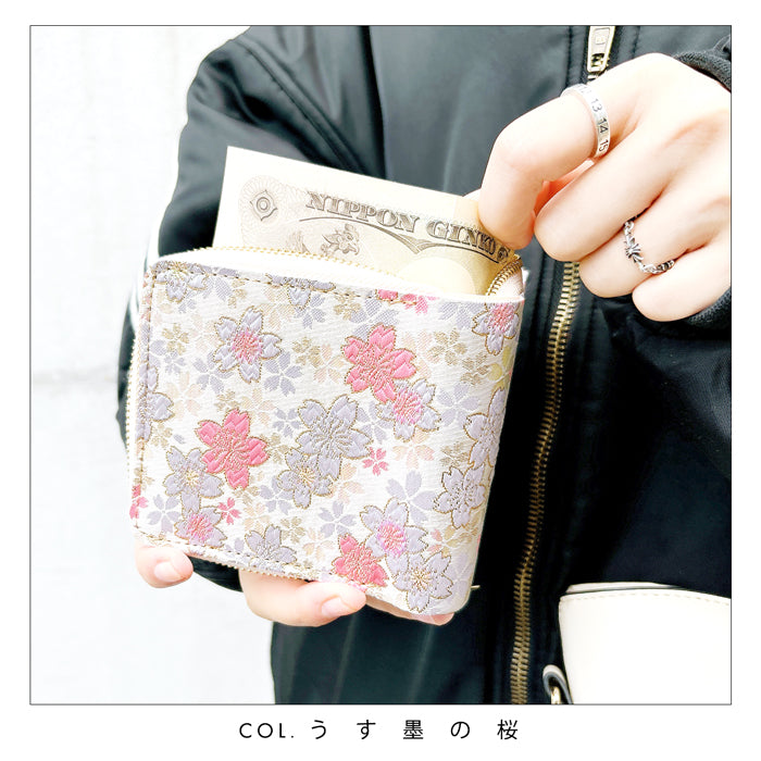 【Leo&Aoi公式ショップ】 西陣織 明 ラウンド型二つ折り財布 財布 レディース ラウンドファスナー 二つ折り財布 小銭入れ 二つ折り 薄型 カード入れ ウォレット コインケース付き ハンドメイド 金襴 和柄 桜