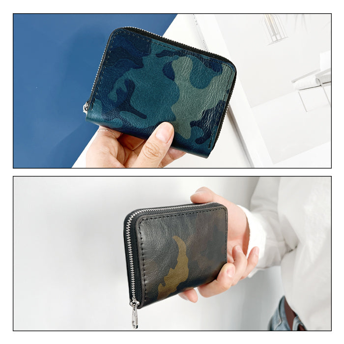 【Leo&Aoi公式ショップ】カモフラージュ 蛇腹 シンプル財布 本革 財布 ラウンド型ファスナー メンズ ミニ財布 カード入れ 迷彩柄 カモフラ 【安心の返品保証付き】