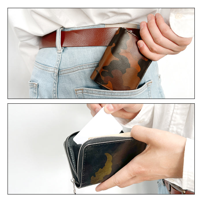 【Leo&Aoi公式ショップ】カモフラージュ 蛇腹 シンプル財布 本革 財布 ラウンド型ファスナー メンズ ミニ財布 カード入れ 迷彩柄 カモフラ 【安心の返品保証付き】