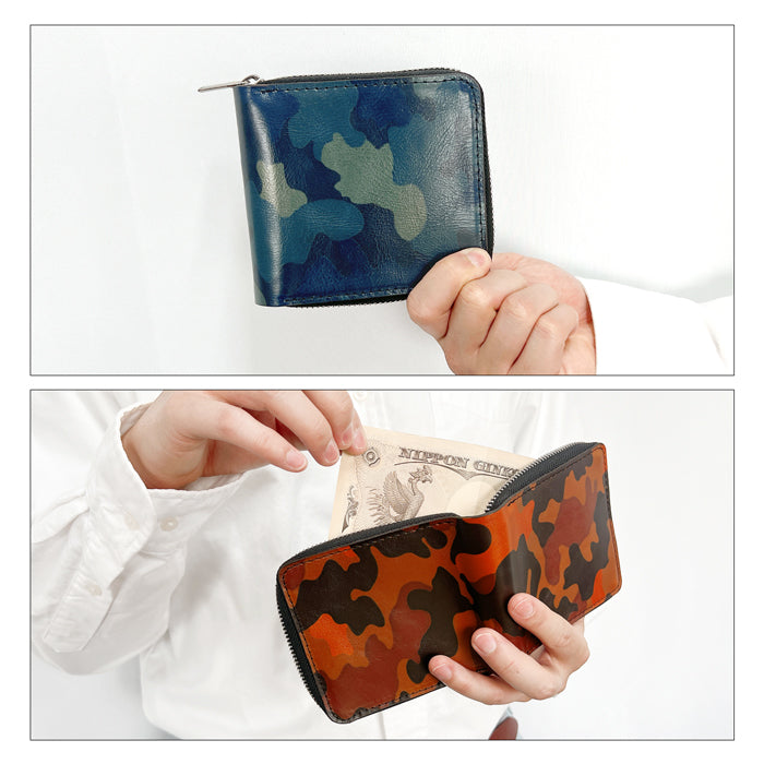 【Leo&Aoi公式ショップ】 カモフラージュ ラウンド型 二つ折り財布 ラウンドファスナー 牛革 牛ヌメ革 本革 財布 ラウンド型財布 小銭入れ 二つ折り メンズ レディース コンパクト 薄型 カード入れ 革財布 ウォレット コインケース付き ハンドメイド 迷彩柄【安心の返品保証付き】