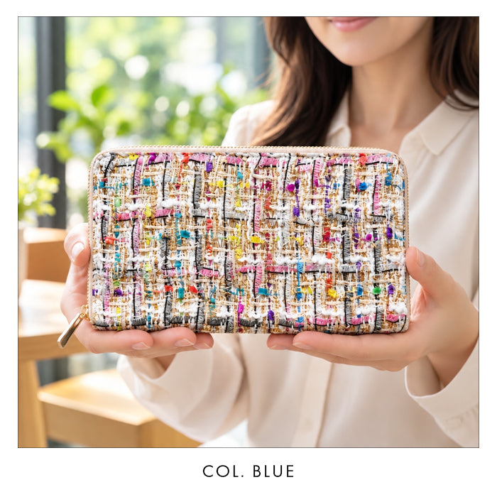 【Leo&Aoi公式ショップ】 カラフル ツィード マルチケース 長財布 本革 通帳ケース パスポートケース 母子手帳ケース 大容量 スリム設計 ファスナー付き メンズ レディース おしゃれ ハンドメイド 【安心の返品保証付き】