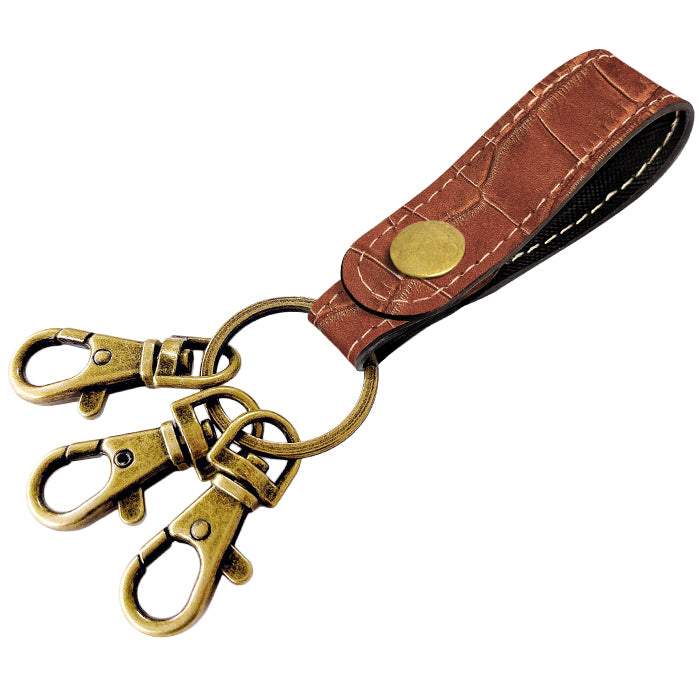 【Leo&Aoi公式ショップ】クロコダイル 型押し 3連 キーリング 本革 スナップボタン 本革キーリング ワニ柄 わに柄【安心の返品保証付き】