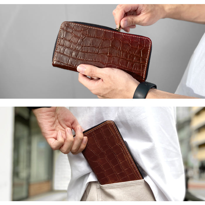 【Leo&Aoi公式ショップ】 クロコダイル風 型押し 長財布 メンズ 本革 ラウンドファスナー サイフ さいふ ウォレット 財布 革 牛革 レザー カード収納 革財布 ラウンド長財布 ラウンド財布 長サイフ 本革長財布 ワニ柄 わに柄 レディース ハンドメイド【安心の返品保証付き】