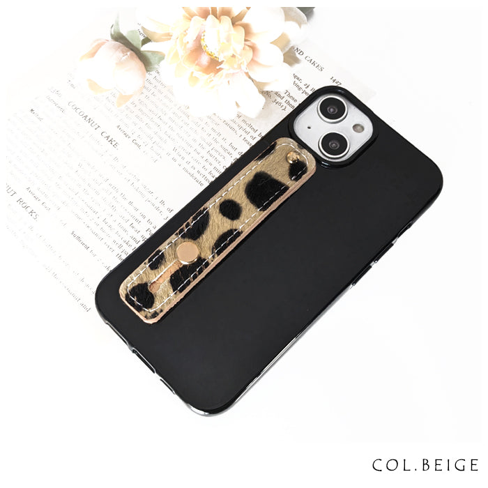 【Leo&Aoi公式ショップ】 ハラコ風 ダルメシアン スマホバンド スマホベルト 本革 レザー スマホリング 落下防止 ベルト バンド ホルダー 片手 スタンド スライドベルト スマホスタンド 牛革 牛柄 アニマル柄 レディース 女性 革 【安心の返品保証付き】