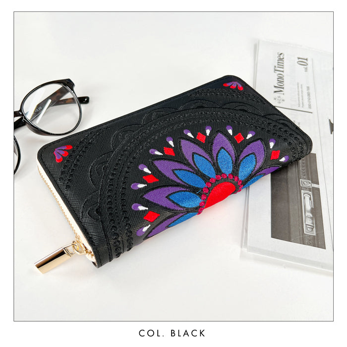 【Leo&Aoi公式ショップ】 エスニック刺繍 長財布 本革 財布 レディース ラウンド型ファスナー サフィアーノレザー メンズ エスニック柄 WL-R1-S1【安心の返品保証付き】