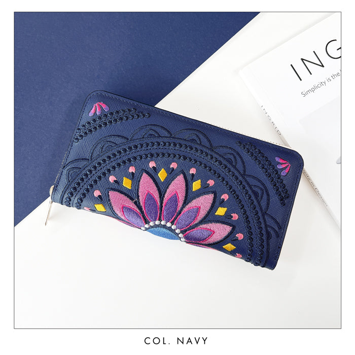 【Leo&Aoi公式ショップ】 エスニック刺繍 長財布 本革 財布 レディース ラウンド型ファスナー サフィアーノレザー メンズ エスニック柄 WL-R1-S1【安心の返品保証付き】