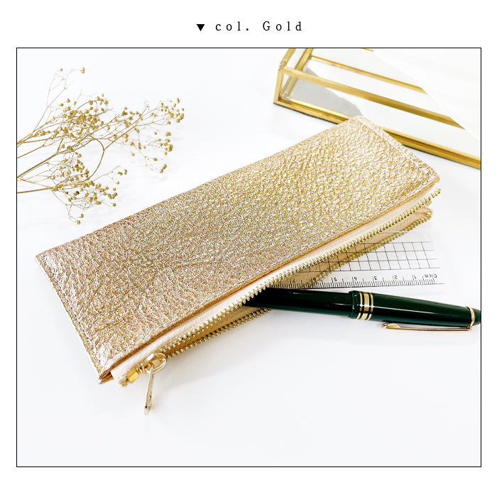 【Leo&Aoi公式ショップ】 グリッター ペンケース 本革 筆箱 レザー ペン入れ コンパクト スリム 文具 筆記用具 ふで箱 収納 革 イタリアンレザー 牛革 高級 ペン ケース ゴールド ブロンズ シルバー クロムなめし 【安心の返品保証付き】
