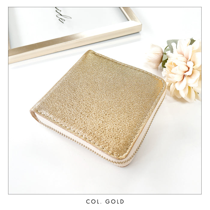 【Leo&Aoi公式ショップ】 本革 グリッター ラウンド型 二つ折り財布 レディース 財布 ラウンドファスナー 小銭入れ コンパクト ゴールド シルバー 【安心の返品保証付き】