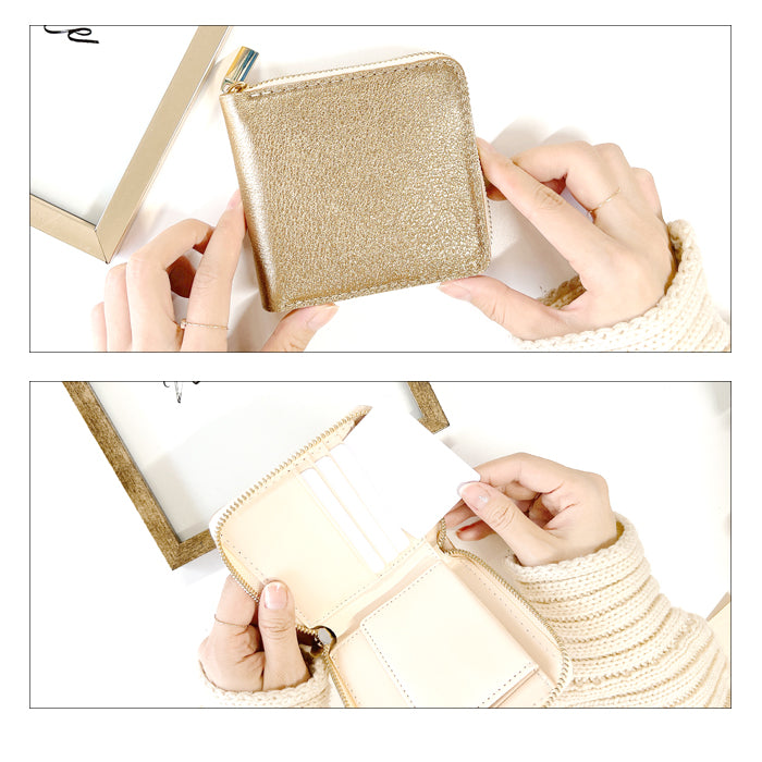 【Leo&Aoi公式ショップ】 本革 グリッター ラウンド型 二つ折り財布 レディース 財布 ラウンドファスナー 小銭入れ コンパクト ゴールド シルバー 【安心の返品保証付き】