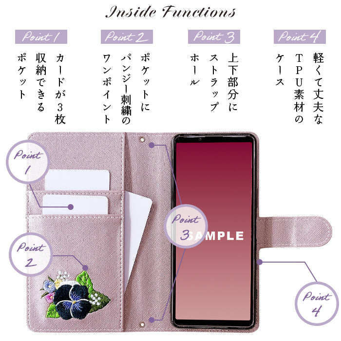 【Leo&Aoi公式ショップ】 GALAXY A36 5G SC-54F SM-A366Q ケース ハンドあり パンジー 刺繍 手帳型ケース sc54f ギャラクシー galaxyA36 スマホケース 【安心の返品保証付き】
