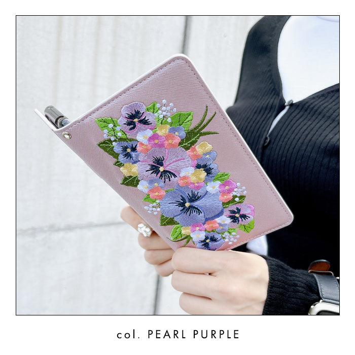【Leo&Aoi公式ショップ】 iPhone15pro ケース iPhone 15 pro カバー 手帳型 ハンドあり パンジー 刺繍 手帳型ケース アイフォン15プロ スマホケース 【安心の返品保証付き】