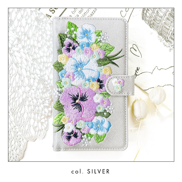 iPhone 16 plus iPhone16plus ケース カバー 手帳型 ハンドあり パンジー 刺繍 手帳型ケース アイフォン16プラス スマホケース