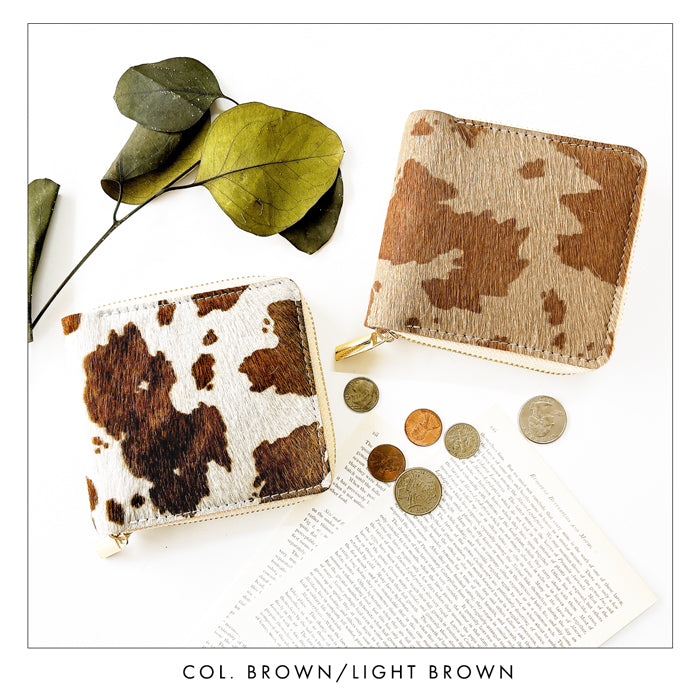 【Leo&Aoi公式ショップ】 大人のハラコ風レザー 牛柄 二つ折り財布 ハラコ風レザー 財布 ラウンドファスナー 本革 ラウンド型財布 小銭入れ 二つ折り メンズ レディース コンパクト 薄型 カード入れ 革財布 ウォレット コインケース付き ハンドメイド うし柄【安心の返品保証付き】