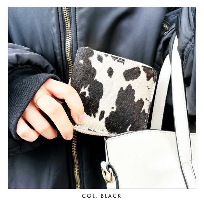 【Leo&Aoi公式ショップ】 大人のハラコ風レザー 牛柄 二つ折り財布 ハラコ風レザー 財布 ラウンドファスナー 本革 ラウンド型財布 小銭入れ 二つ折り メンズ レディース コンパクト 薄型 カード入れ 革財布 ウォレット コインケース付き ハンドメイド うし柄【安心の返品保証付き】