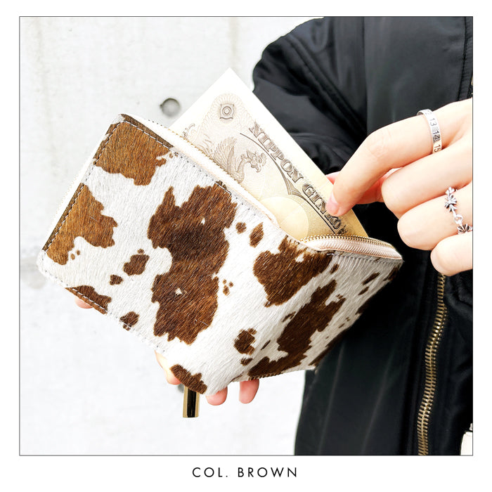 【Leo&Aoi公式ショップ】 大人のハラコ風レザー 牛柄 二つ折り財布 ハラコ風レザー 財布 ラウンドファスナー 本革 ラウンド型財布 小銭入れ 二つ折り メンズ レディース コンパクト 薄型 カード入れ 革財布 ウォレット コインケース付き ハンドメイド うし柄【安心の返品保証付き】