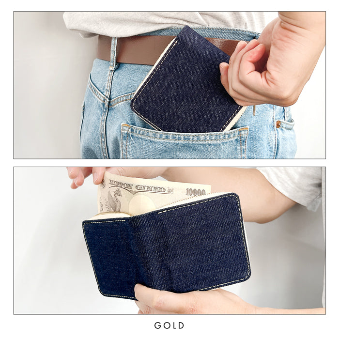 【Leo&Aoi公式ショップ】 デニム生地 児島デニム ラウンド型 二つ折り財布 メンズ ラウンドファスナー 財布 小銭入れ コンパクト 11.5オンス インディゴブルー 【安心の返品保証付き】