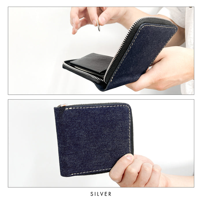 【Leo&Aoi公式ショップ】 デニム生地 児島デニム ラウンド型 二つ折り財布 メンズ ラウンドファスナー 財布 小銭入れ コンパクト 11.5オンス インディゴブルー 【安心の返品保証付き】