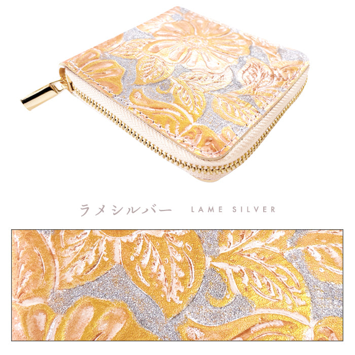 【Leo&Aoi公式ショップ】 ラメフラワー型押し ラウンド型 二つ折り財布 ラウンドファスナー 本革 財布 ラウンド型財布 小銭入れ 二つ折り メンズ レディース コンパクト 薄型 カード入れ 革財布 ウォレット コインケース付き ハンドメイド 花柄 ラメ ゴールド シルバー【安心の返品保証付き】