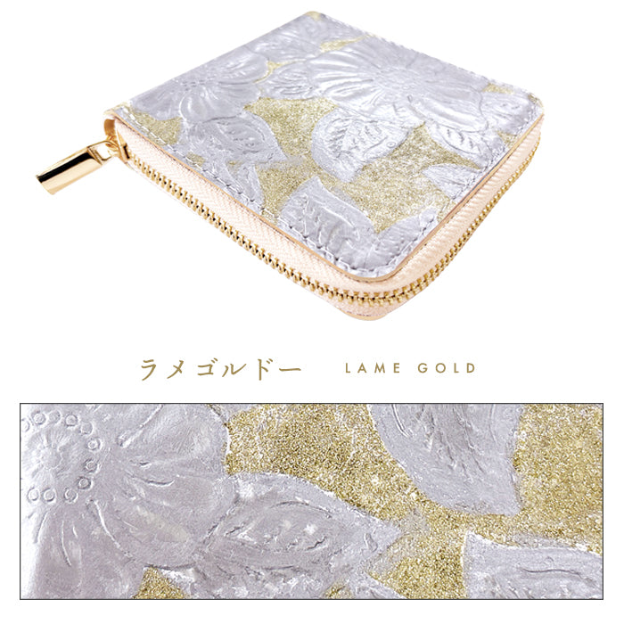 【Leo&Aoi公式ショップ】 ラメフラワー型押し ラウンド型 二つ折り財布 ラウンドファスナー 本革 財布 ラウンド型財布 小銭入れ 二つ折り メンズ レディース コンパクト 薄型 カード入れ 革財布 ウォレット コインケース付き ハンドメイド 花柄 ラメ ゴールド シルバー【安心の返品保証付き】