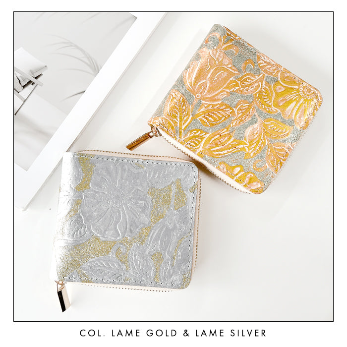 【Leo&Aoi公式ショップ】 ラメフラワー型押し ラウンド型 二つ折り財布 ラウンドファスナー 本革 財布 ラウンド型財布 小銭入れ 二つ折り メンズ レディース コンパクト 薄型 カード入れ 革財布 ウォレット コインケース付き ハンドメイド 花柄 ラメ ゴールド シルバー【安心の返品保証付き】