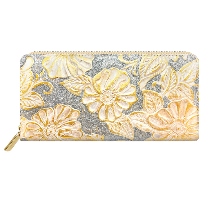 【Leo&Aoi公式ショップ】 ラメフラワー 型押し 財布 長財布 レディース 本革 ラウンドファスナー サイフ さいふ ウォレット 革 牛革 レザー カード収納 革財布 ラウンド長財布 ラウンド財布 長サイフ 本革長財布 花柄 花 型押し ハンドメイド【安心の返品保証付き】