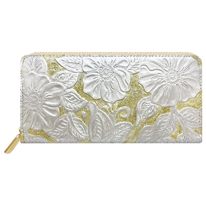 【Leo&Aoi公式ショップ】 ラメフラワー 型押し 財布 長財布 レディース 本革 ラウンドファスナー サイフ さいふ ウォレット 革 牛革 レザー カード収納 革財布 ラウンド長財布 ラウンド財布 長サイフ 本革長財布 花柄 花 型押し ハンドメイド【安心の返品保証付き】