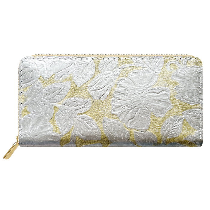 【Leo&Aoi公式ショップ】 本革 ラメフラワー型押し 蛇腹 カードポケット付き 財布 長財布 ラウンド型ファスナー レディース 大容量 【安心の返品保証付き】