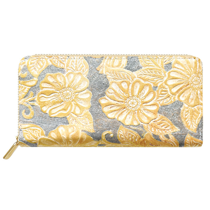 【Leo&Aoi公式ショップ】 本革 ラメフラワー型押し 蛇腹 カードポケット付き 財布 長財布 ラウンド型ファスナー レディース 大容量 【安心の返品保証付き】