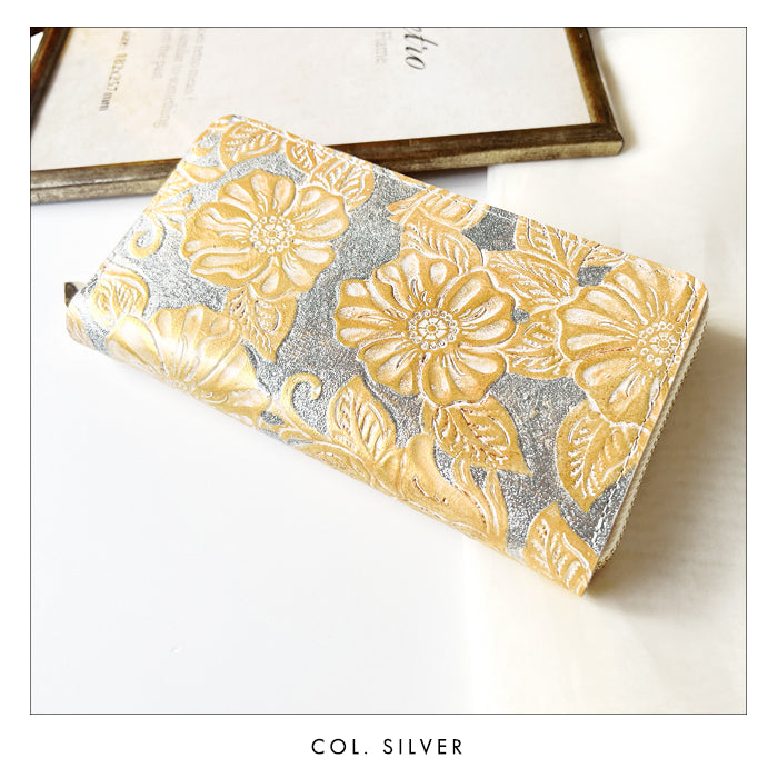 【Leo&Aoi公式ショップ】 本革 ラメフラワー型押し 蛇腹 カードポケット付き 財布 長財布 ラウンド型ファスナー レディース 大容量 【安心の返品保証付き】