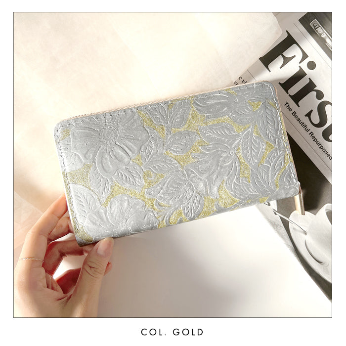 【Leo&Aoi公式ショップ】 本革 ラメフラワー型押し 蛇腹 カードポケット付き 財布 長財布 ラウンド型ファスナー レディース 大容量 【安心の返品保証付き】