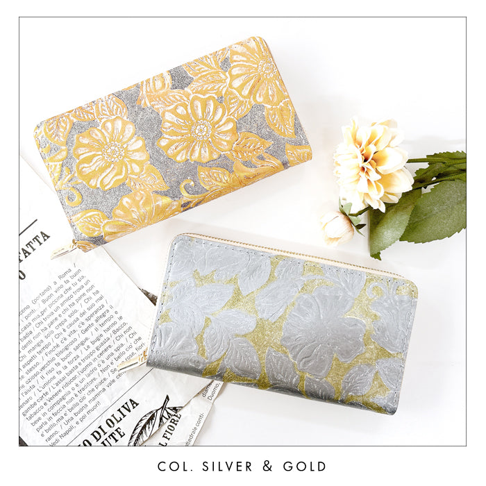 【Leo&Aoi公式ショップ】 本革 ラメフラワー型押し 蛇腹 カードポケット付き 財布 長財布 ラウンド型ファスナー レディース 大容量 【安心の返品保証付き】