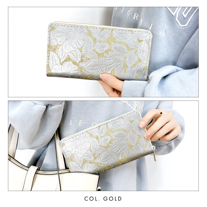 【Leo&Aoi公式ショップ】 本革 ラメフラワー型押し 蛇腹 カードポケット付き 財布 長財布 ラウンド型ファスナー レディース 大容量 【安心の返品保証付き】