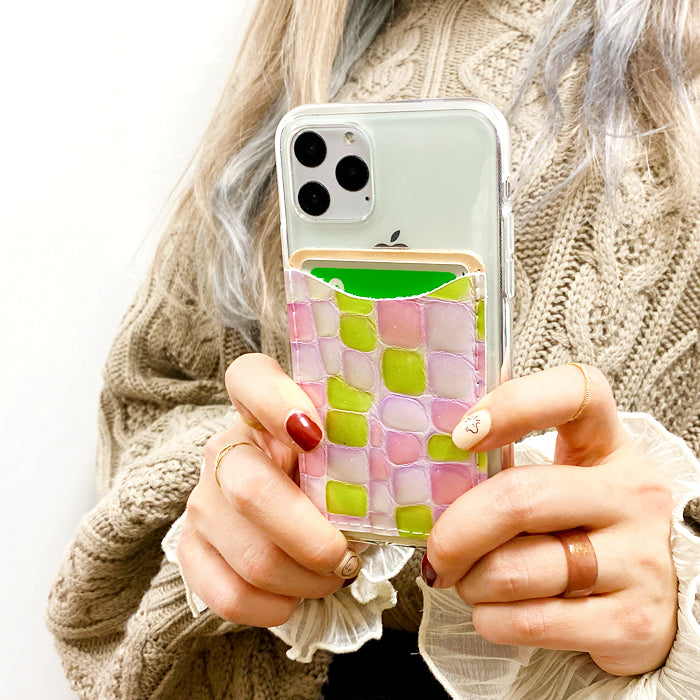 【Leo&Aoi公式ショップ】 ちょっと上品な ステンドグラス スマホ カード収納 カードケース 本革 貼り付け 背面 薄型 カードポケット 背面収納 レザー ポケット カード入れ スリム ICカード 定期入れ シール CARD POCKET 【安心の返品保証付き】