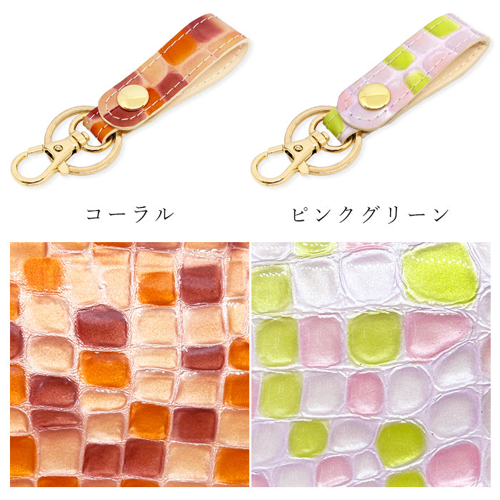 【Leo&Aoi公式ショップ】 ちょっと上品な ステンドグラス キーリング 本革 スナップボタン 本革キーリング