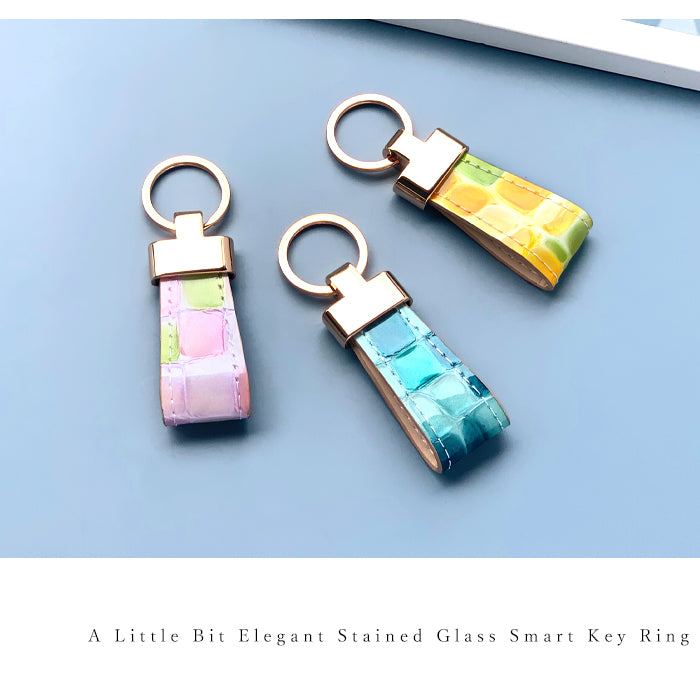 【Leo&Aoi公式ショップ】 ちょっと上品な ステンドグラス スマートキーリング 本革 キーホルダー バッグチャーム 本革キーリング 牛革 レザー 鍵 カギ レディース エナメル 型押し 【安心の返品保証付き】