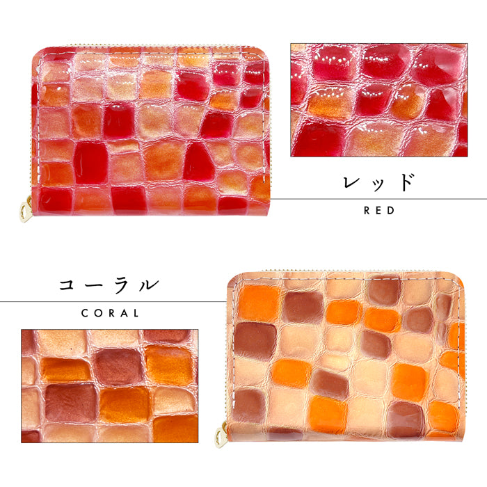 【Leo&Aoi公式ショップ】 ちょっと上品な ステンドグラス ミニ財布 財布 ミニ財布 本革 ミニウォレット コンパクト ラウンドファスナー 牛革 サイフ さいふ ウォレット 小さい財布 革 エナメル レザー カード収納 革財布 ラウンド財布 ミニサイフ レディース