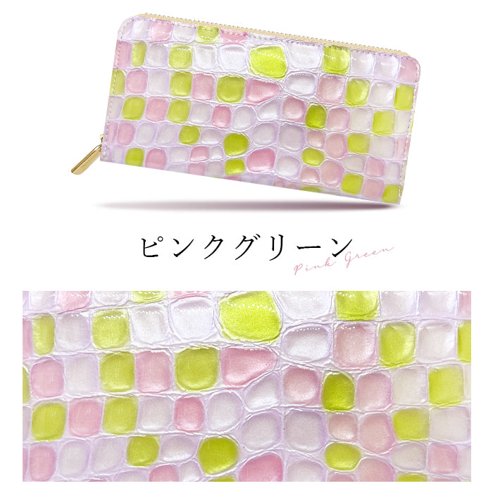 ちょっと上品な ステンドグラス エナメル加工 財布 長財布 レディース 本革 ラウンドファスナー サイフ さいふ ウォレット 革 牛革 レザー カード収納 革財布 ラウンド長財布 ラウンド財布 長サイフ 本革長財布 ハンドメイド