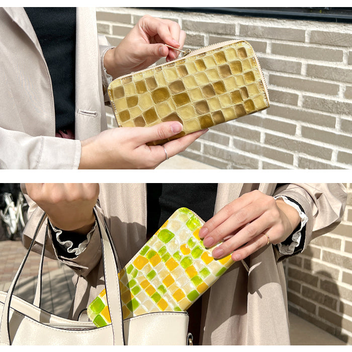ちょっと上品な ステンドグラス エナメル加工 財布 長財布 レディース 本革 ラウンドファスナー サイフ さいふ ウォレット 革 牛革 レザー カード収納 革財布 ラウンド長財布 ラウンド財布 長サイフ 本革長財布 ハンドメイド