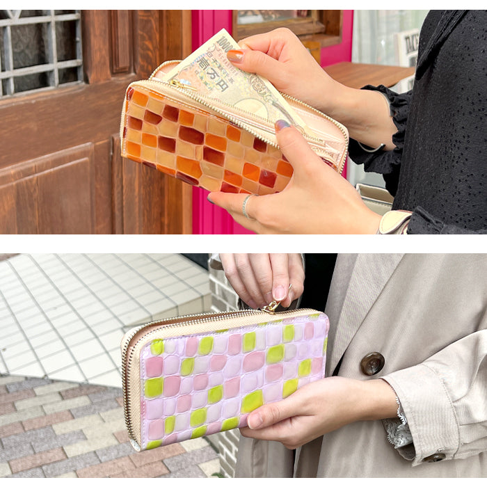 ちょっと上品な ステンドグラス エナメル加工 財布 長財布 レディース 本革 ラウンドファスナー サイフ さいふ ウォレット 革 牛革 レザー カード収納 革財布 ラウンド長財布 ラウンド財布 長サイフ 本革長財布 ハンドメイド