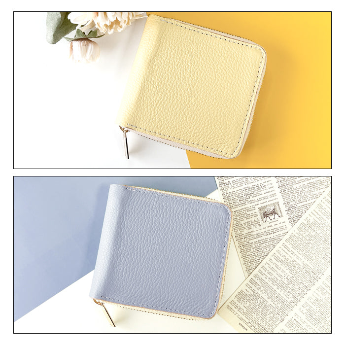 【Leo&Aoi公式ショップ】 ニュアンスカラー ラウンド型 二つ折り財布 本革 財布 ラウンドファスナー 小銭入れ レディース コンパクト コインケース付き 【安心の返品保証付き】