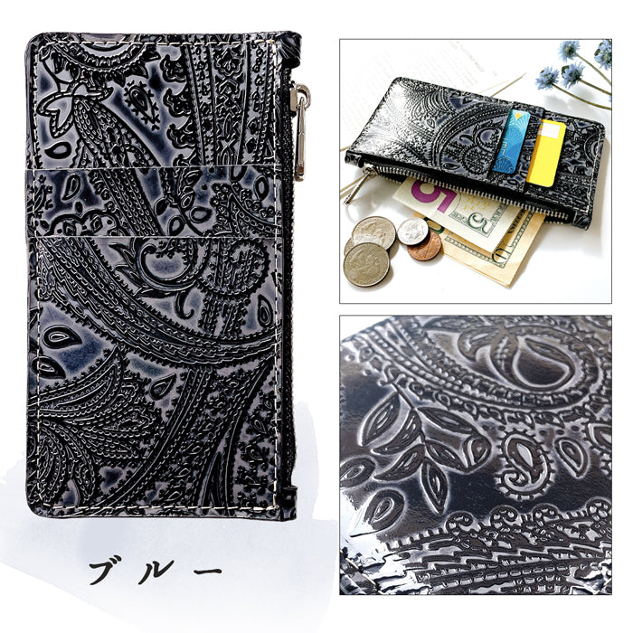 【Leo&Aoi公式ショップ】 ペイズリー柄 スリムウォレット 本革 薄型 財布 ミニ財布 お札入れ コインケース 小型財布 マルチケース 小銭入れ カード入れ コンパクト コンパクトウォレット 革 高級 牛革 レザー ケース セカンド財布 キュッシュレス フラグメントケース 型押し 【安心の返品保証付き】