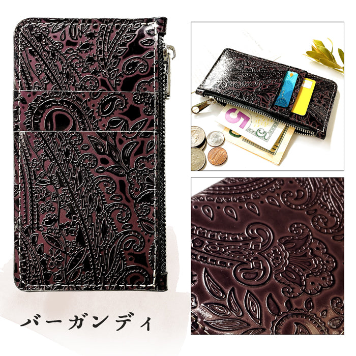 【Leo&Aoi公式ショップ】 ペイズリー柄 スリムウォレット 本革 薄型 財布 ミニ財布 お札入れ コインケース 小型財布 マルチケース 小銭入れ カード入れ コンパクト コンパクトウォレット 革 高級 牛革 レザー ケース セカンド財布 キュッシュレス フラグメントケース 型押し 【安心の返品保証付き】