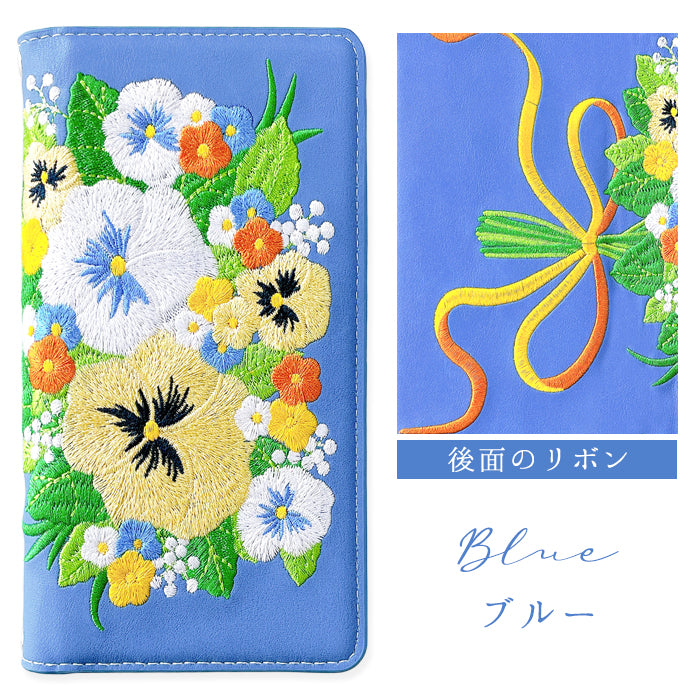 【Leo&Aoi公式ショップ】 パンジー 刺繍 スマホケース 手帳型ケース 100機種以上対応