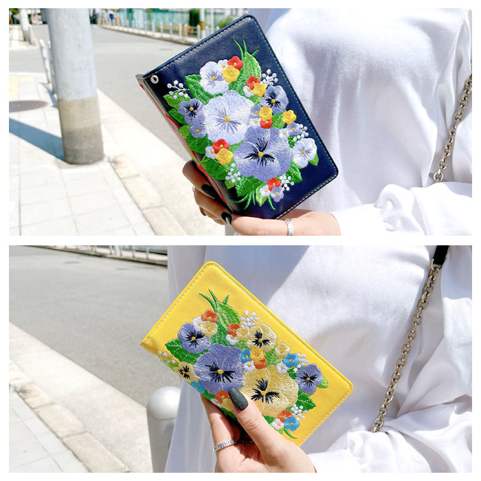 【Leo&Aoi公式ショップ】 パンジー 刺繍 スマホケース 手帳型ケース 100機種以上対応