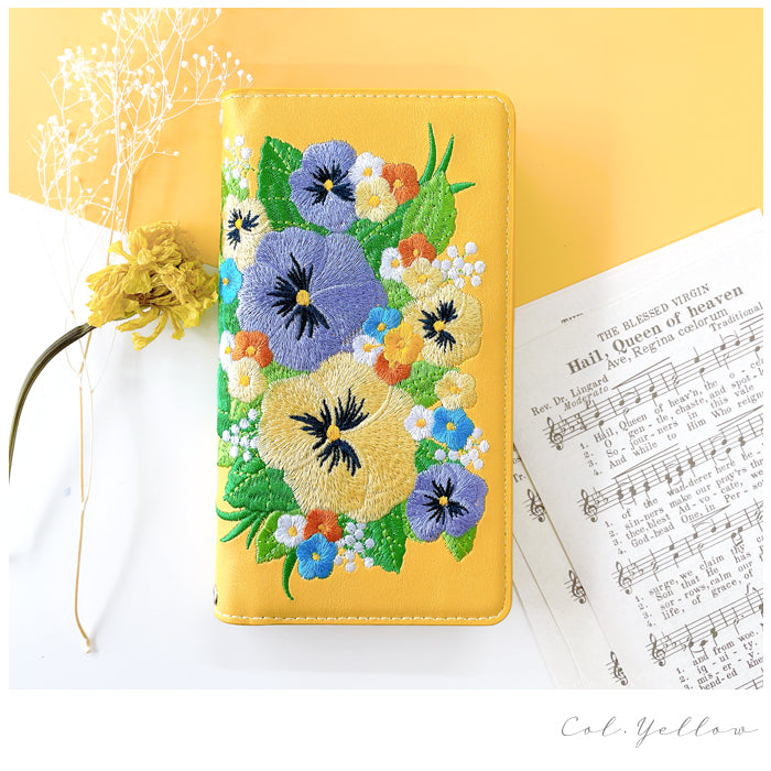 【Leo&Aoi公式ショップ】 パンジー 刺繍 スマホケース 手帳型ケース 100機種以上対応