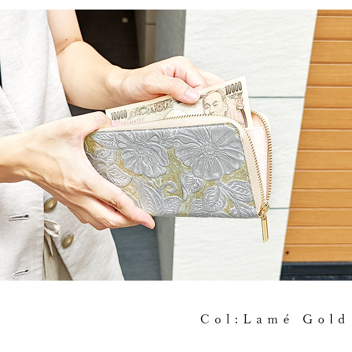 【Leo&Aoi公式ショップ】 ラメフラワー 型押し 財布 長財布 レディース 本革 ラウンドファスナー サイフ さいふ ウォレット 革 牛革 レザー カード収納 革財布 ラウンド長財布 ラウンド財布 長サイフ 本革長財布 花柄 花 型押し ハンドメイド【安心の返品保証付き】