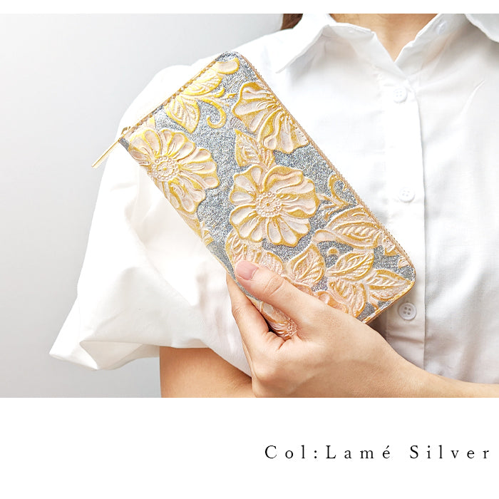 【Leo&Aoi公式ショップ】 ラメフラワー 型押し 財布 長財布 レディース 本革 ラウンドファスナー サイフ さいふ ウォレット 革 牛革 レザー カード収納 革財布 ラウンド長財布 ラウンド財布 長サイフ 本革長財布 花柄 花 型押し ハンドメイド【安心の返品保証付き】