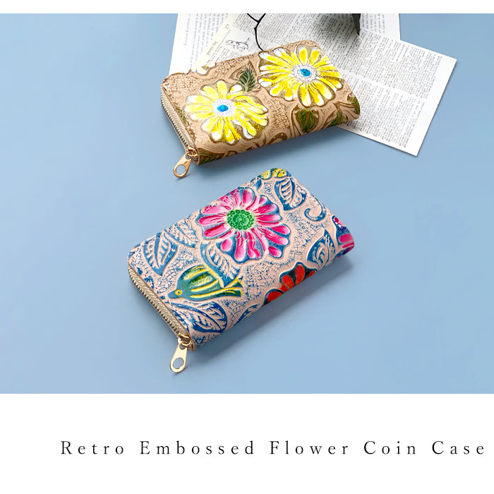 【Leo&Aoi公式ショップ】 レトロ 花 型押し コインケース ラウンドファスナー 本革 コンパクト 小物入れ 牛革 ポーチ 小型財布 小銭入れ 革 高級 レザー ケース フラワー【安心の返品保証付き】