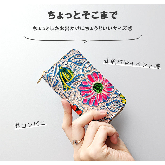 【Leo&Aoi公式ショップ】 レトロ 花 型押し コインケース ラウンドファスナー 本革 コンパクト 小物入れ 牛革 ポーチ 小型財布 小銭入れ 革 高級 レザー ケース フラワー【安心の返品保証付き】
